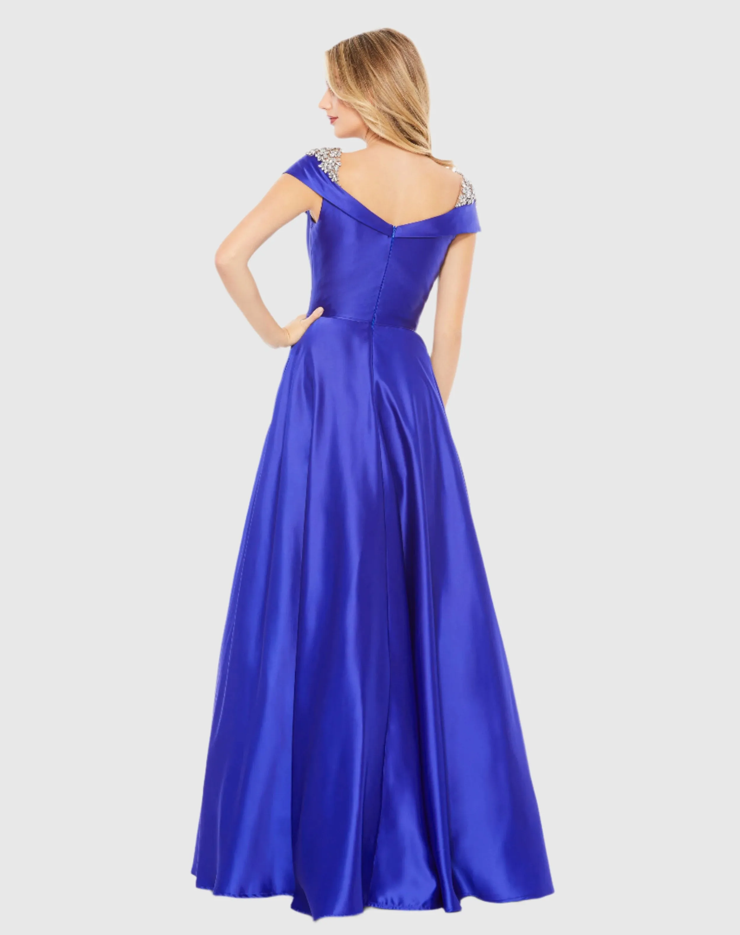 Embellished Cap Sleeve V Neck A Line Gown