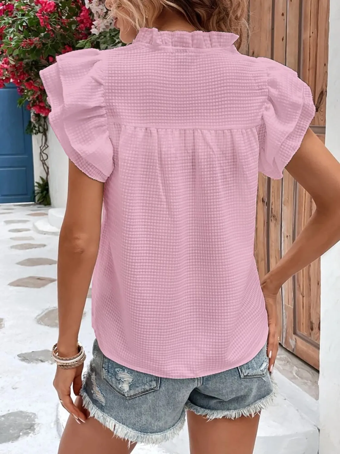 Explore More  Collection - Ruffled Notched Cap Sleeve Blouse