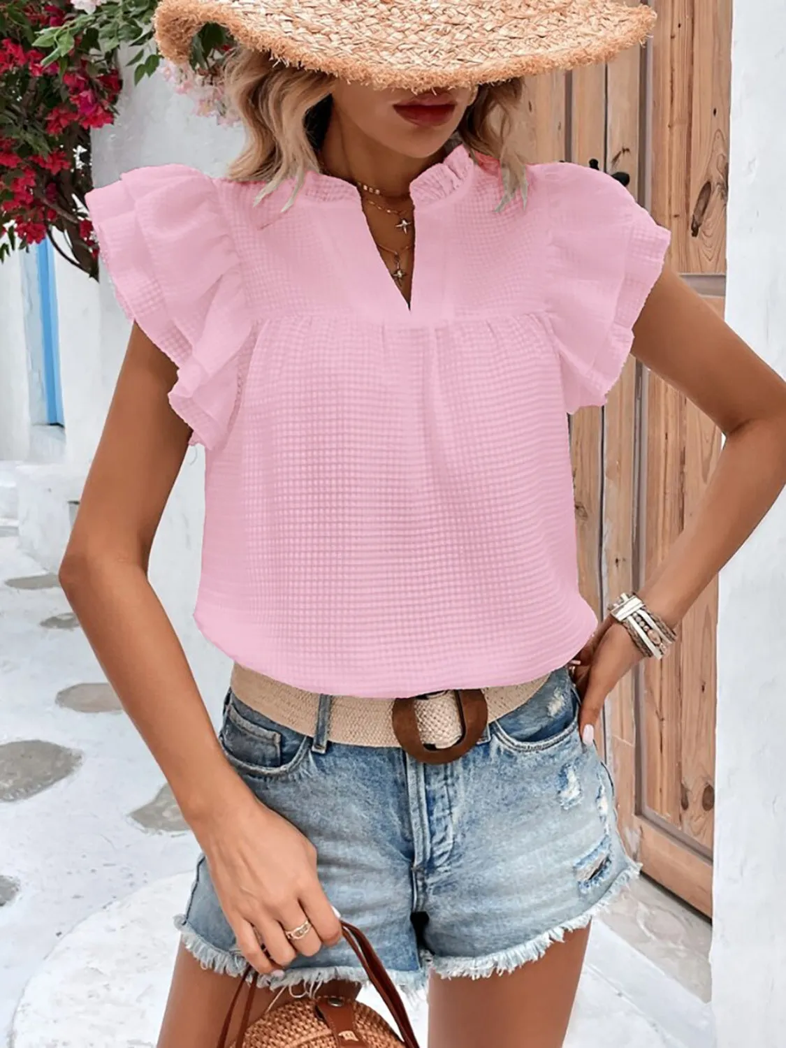 Explore More  Collection - Ruffled Notched Cap Sleeve Blouse