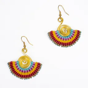 Fan Red Yellow Waxed String Spiral Brass Earrings