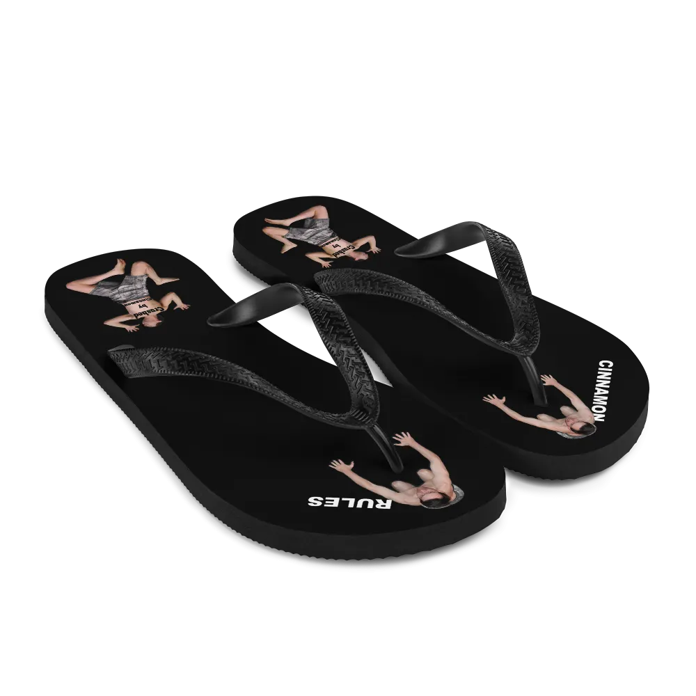 Flip flop sandals with men bowing down or flat under your heel for Cinnamon.Feet2