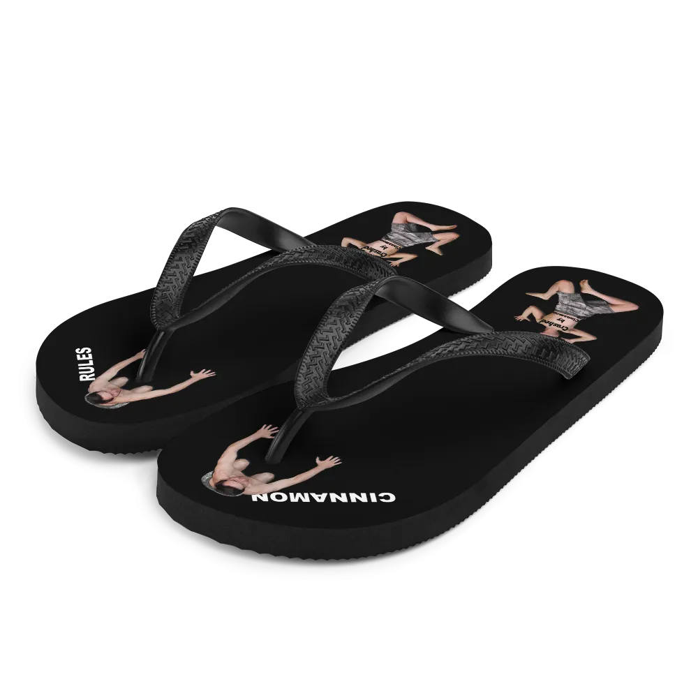 Flip flop sandals with men bowing down or flat under your heel for Cinnamon.Feet2