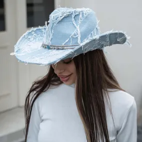 Flower Pointed Band Distressed Denim Cowboy Hat for Women