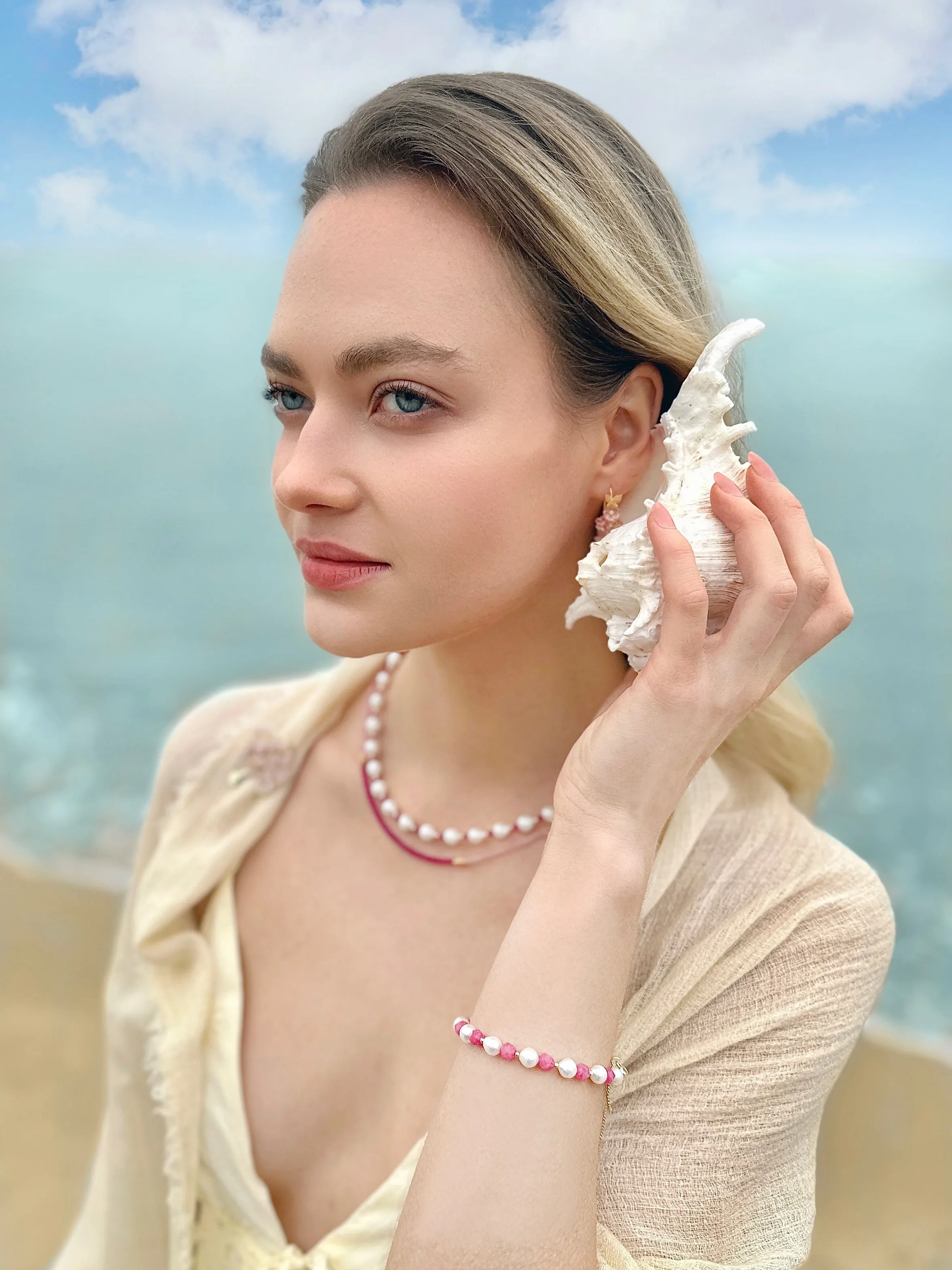 Freshwater Pearls and Pink Rhodochrosite Adjustable Bracelet LB002