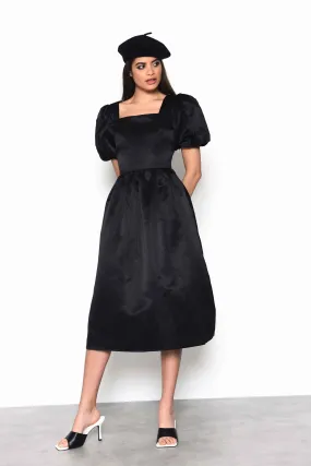 Glamorous Black Satin Puff Sleeve Square Neck Midi Dress