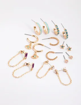 Gold Enamel Stud & Hoop Earring 8-Pack