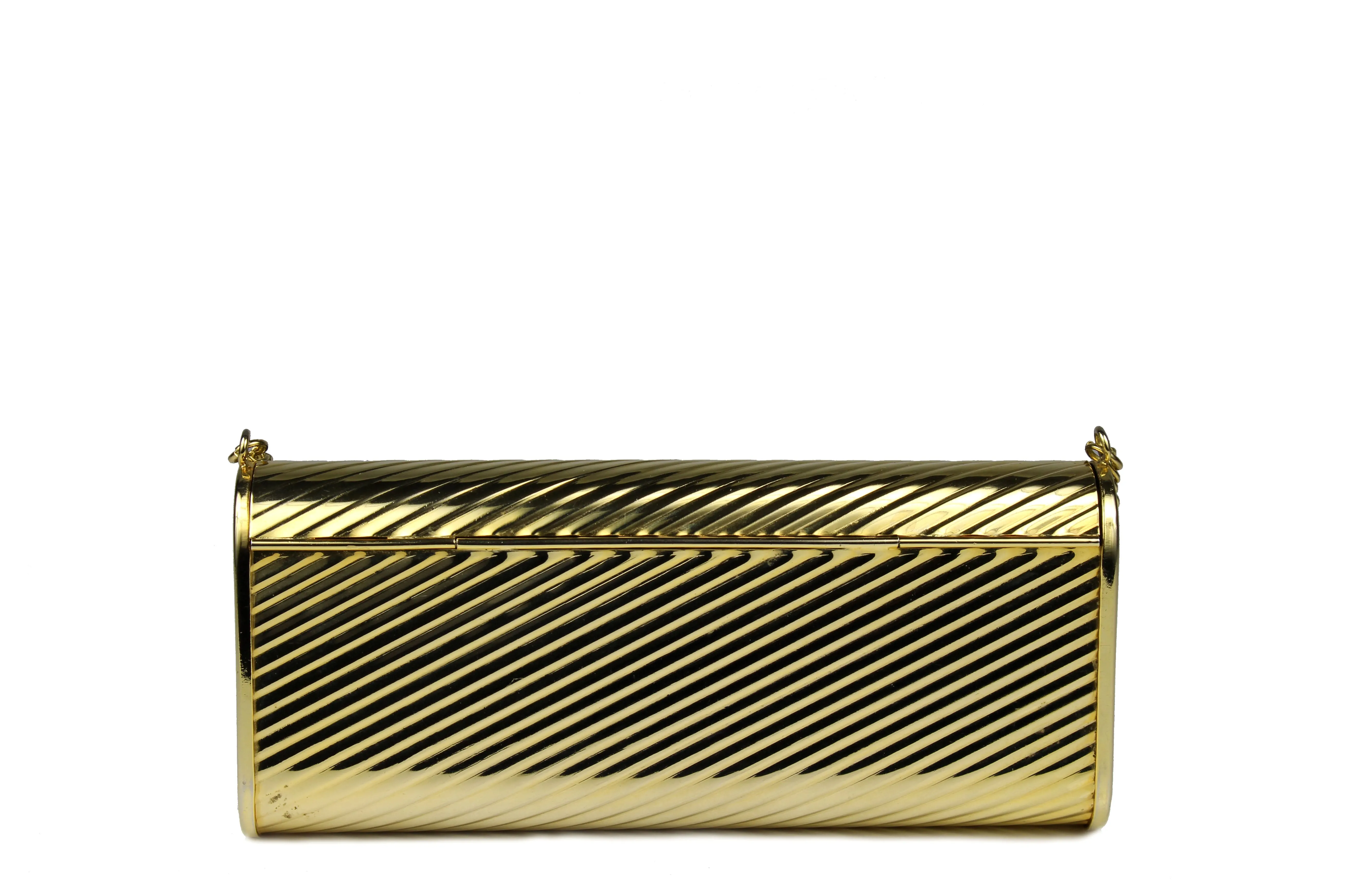 Gold metal flap clutch with diagonal engraving