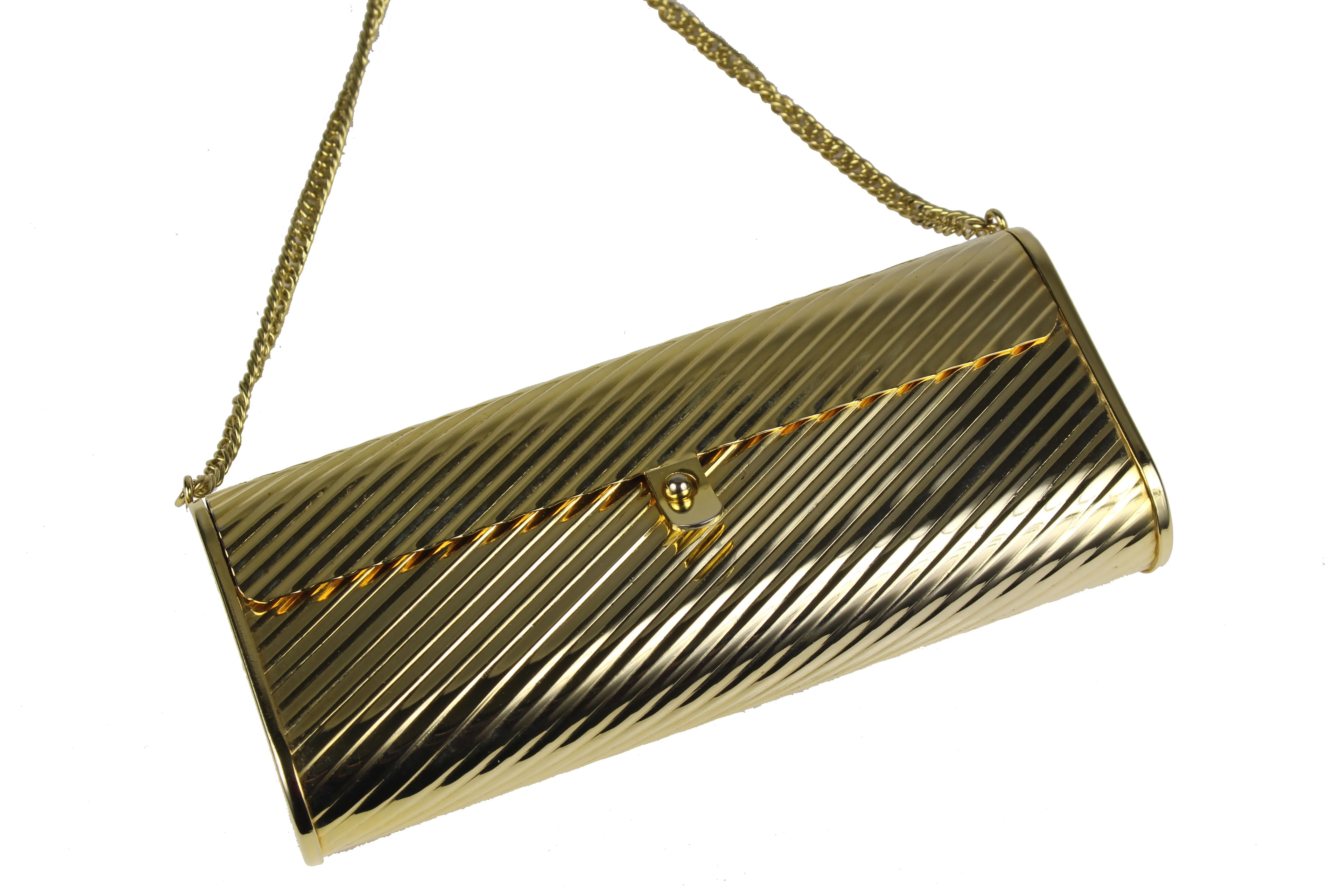 Gold metal flap clutch with diagonal engraving