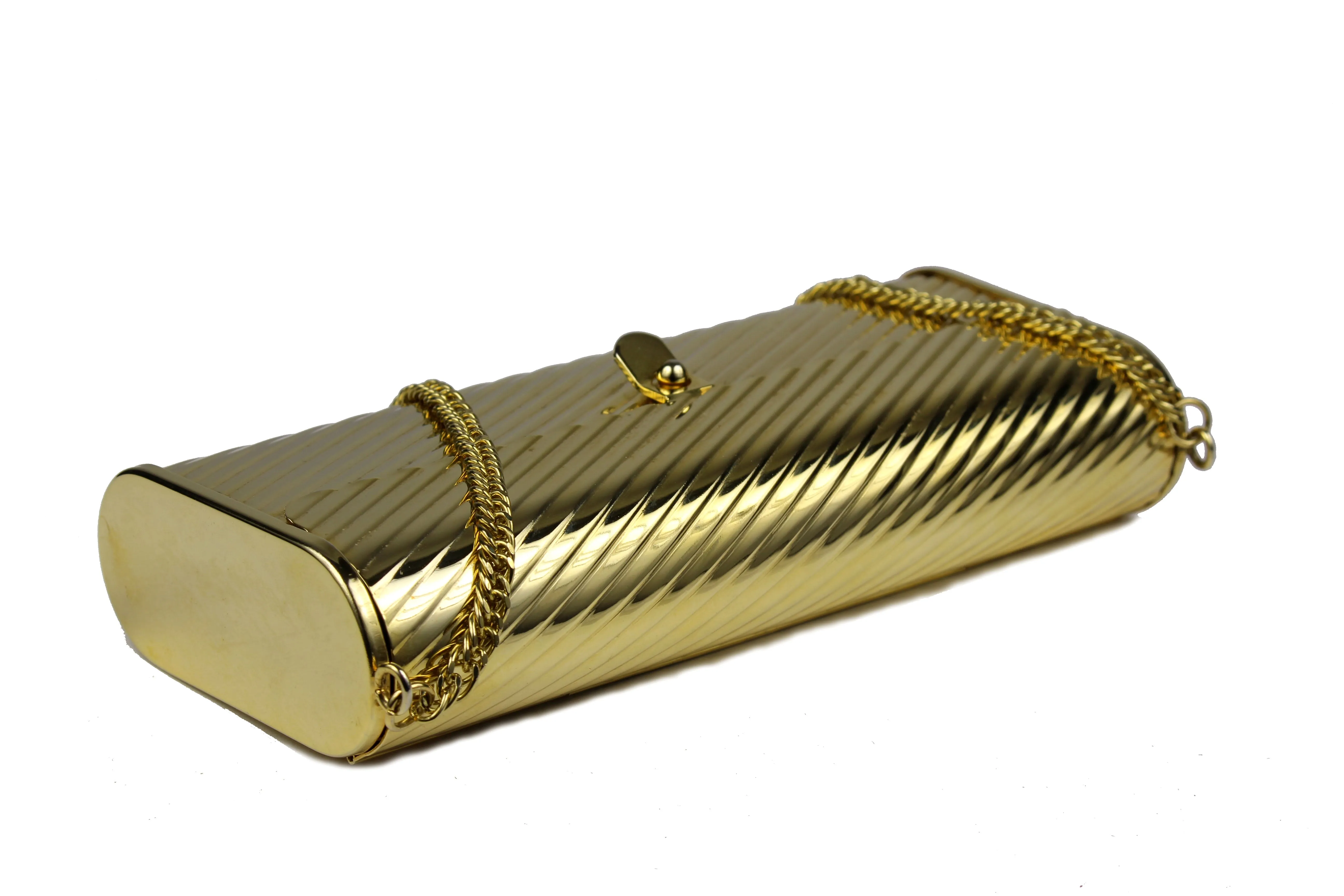 Gold metal flap clutch with diagonal engraving