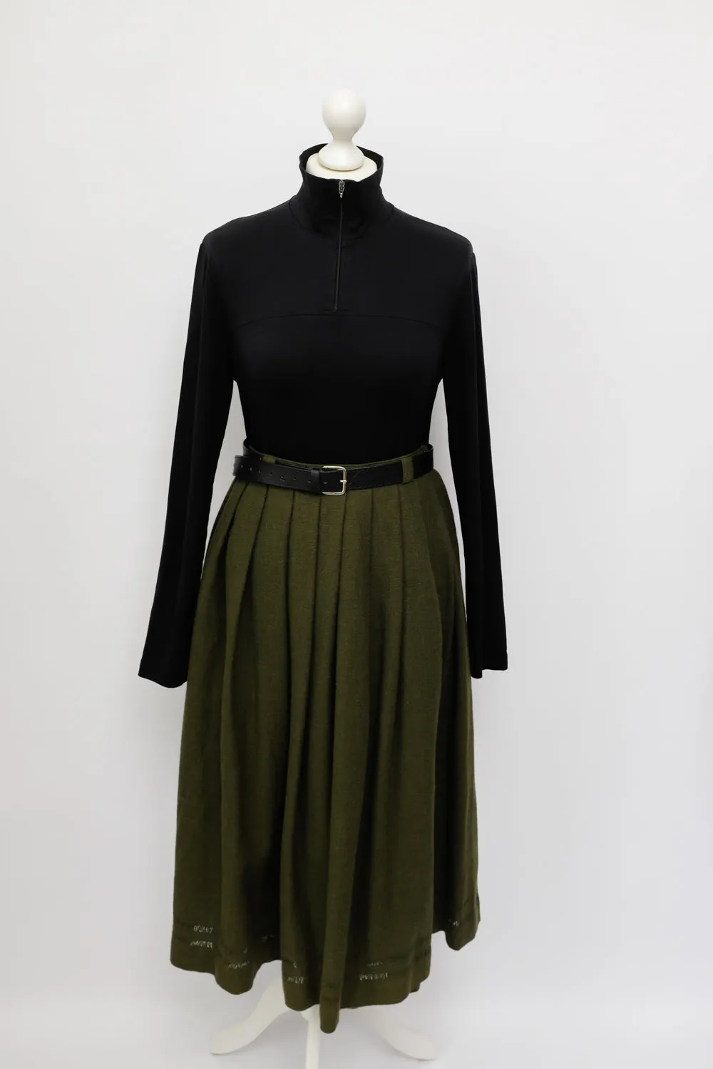 GREEN PLEATED MIDI COTTON WOOL SKIRT