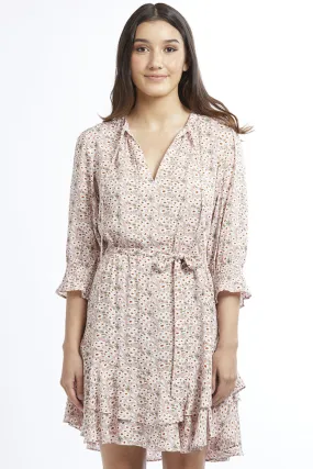 Isabella Pink Blossom Half Sleeve Frill Hem Dress