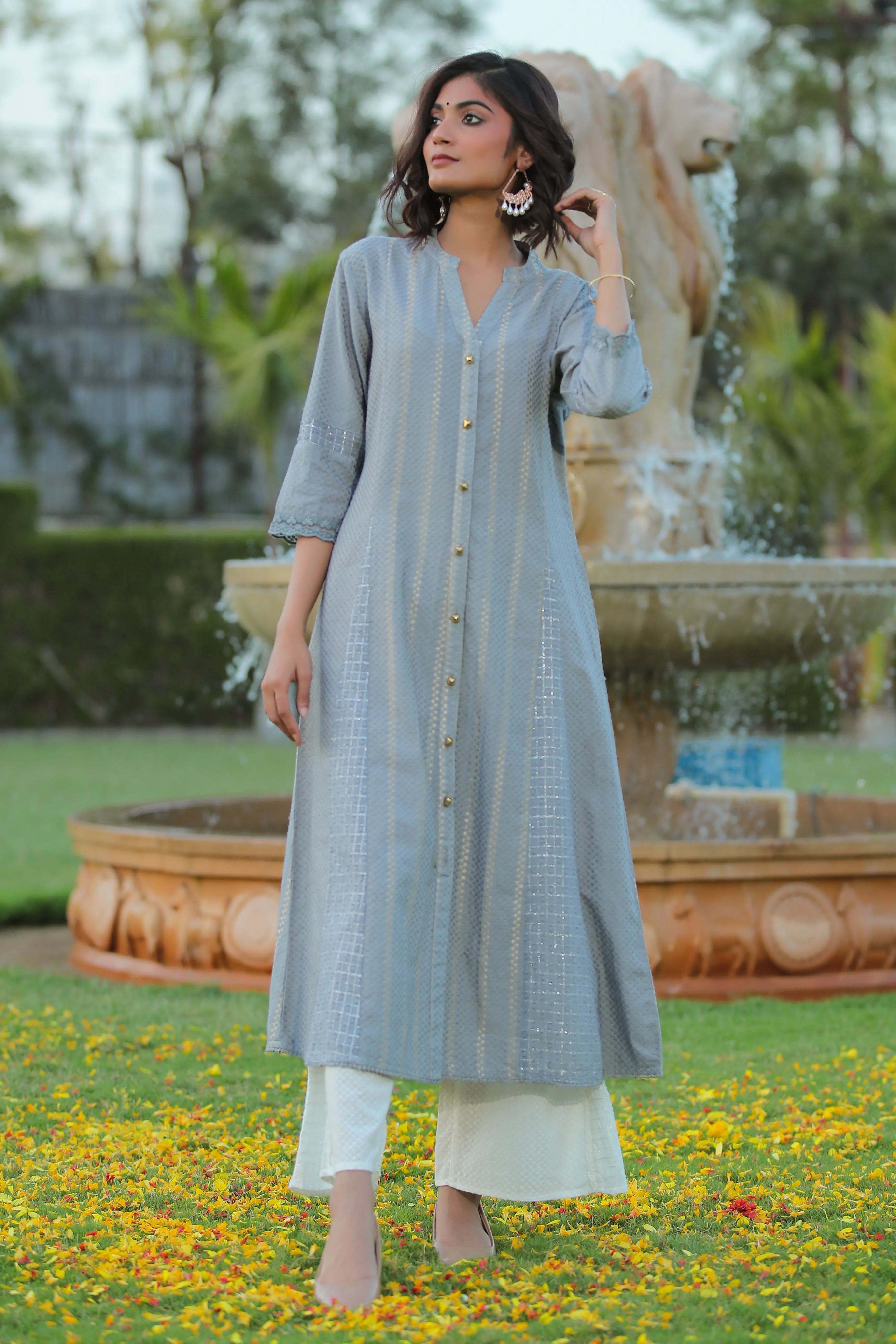 Juniper Grey Solid Cotton Dobby A-Line Kurta With Buttons