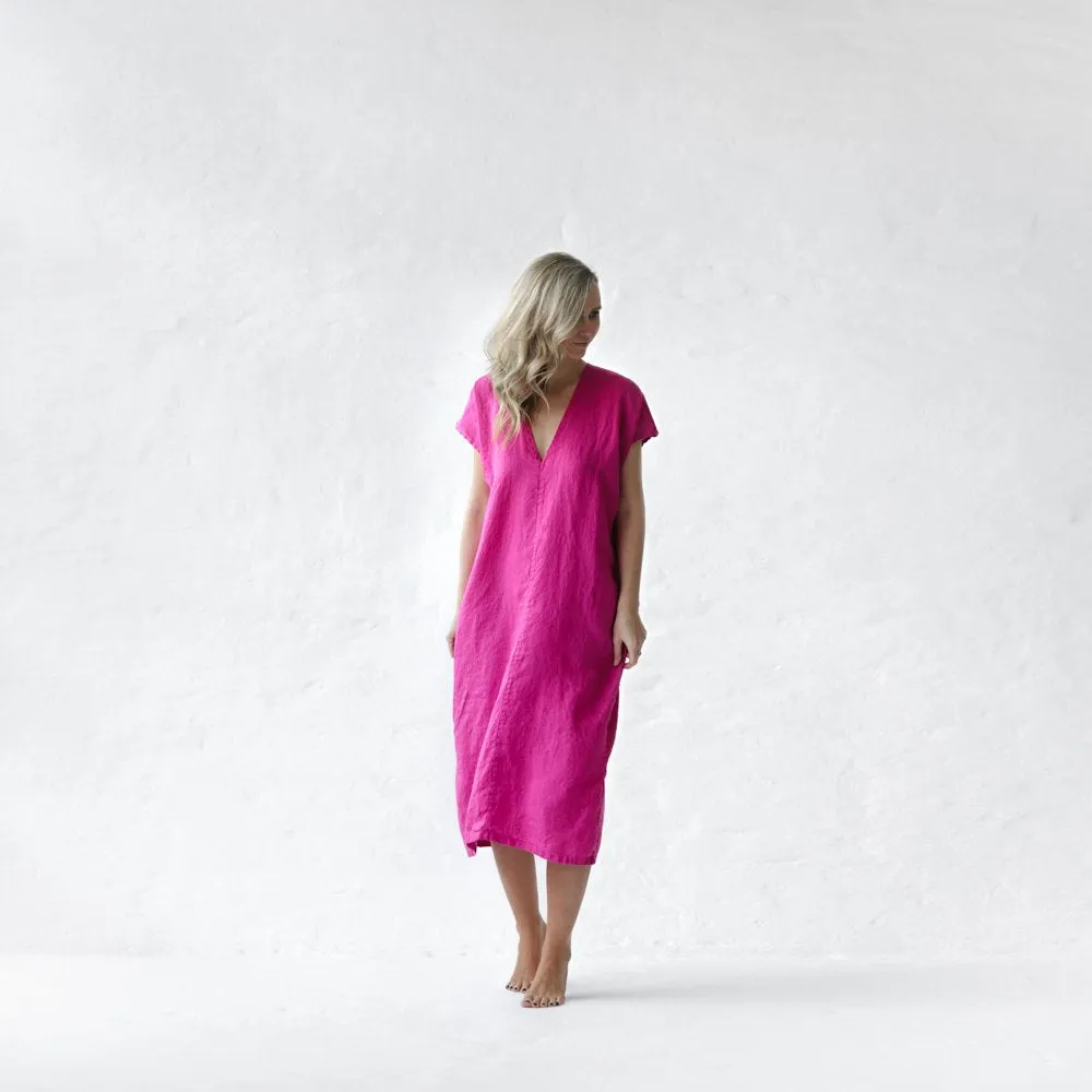 Linen V Neck  | Neon Pink