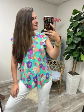 Lizzy Flutter Sleeve Top in Emerald and Purple Floral - 4/26