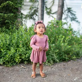 Long Sleeve Twirl Bodysuit Dress in Dusty Rose