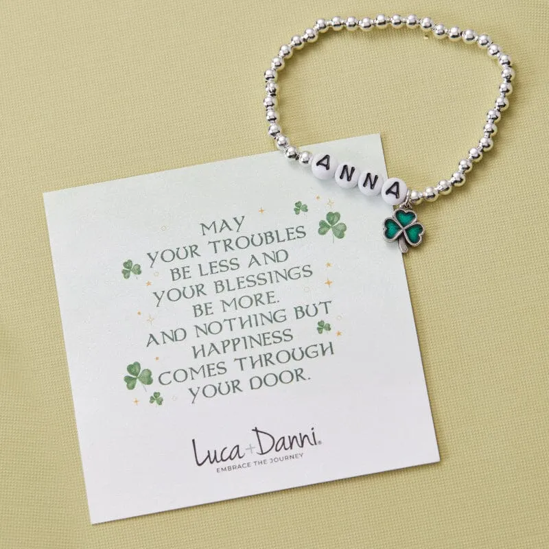 Personalized Letter Bead Stretch Bracelet with Shamrock