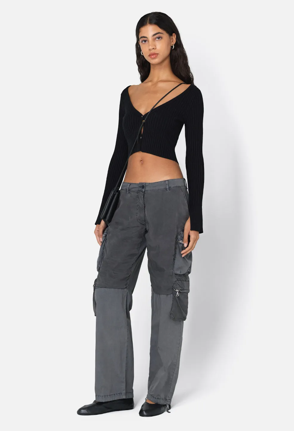 Piper Silk Rib Cropped Cardigan / Black