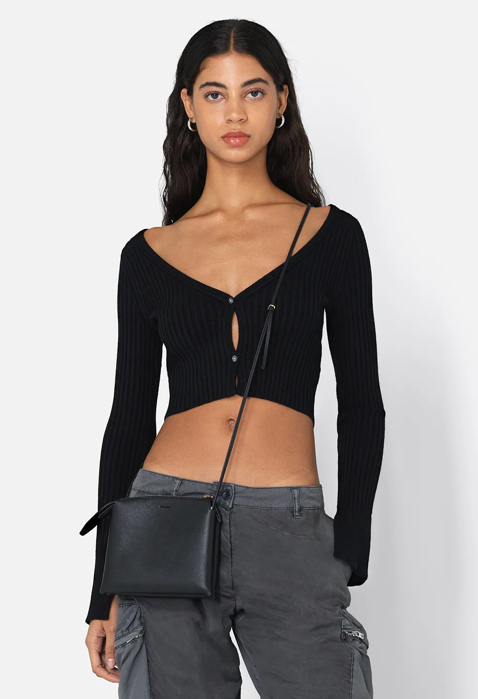 Piper Silk Rib Cropped Cardigan / Black