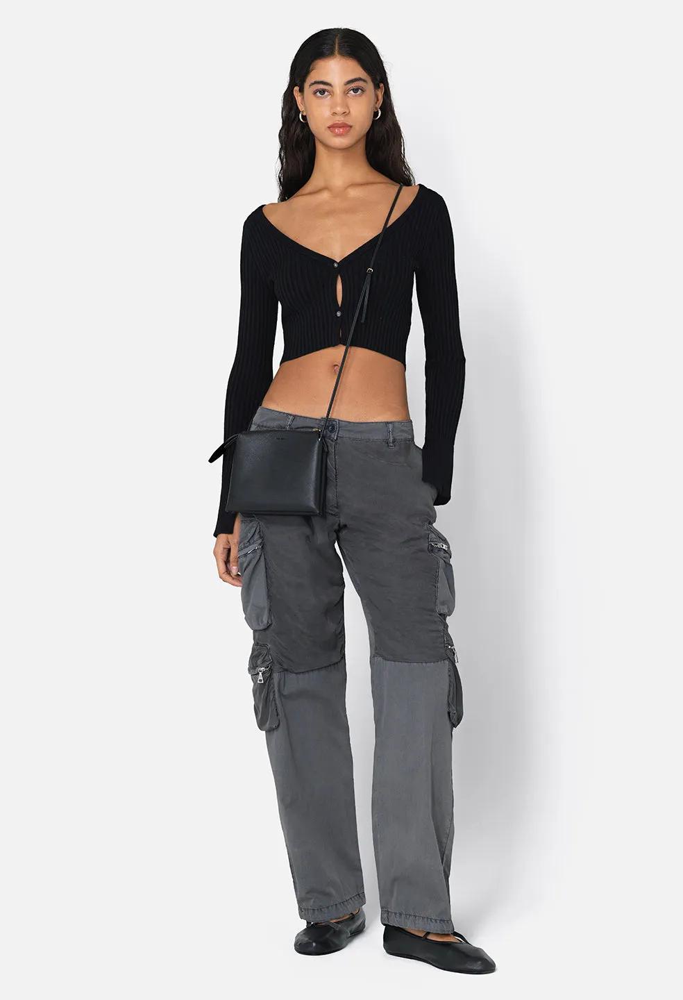 Piper Silk Rib Cropped Cardigan / Black