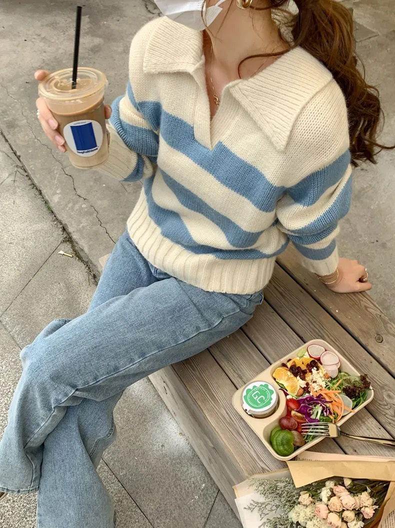 Relaxed Boxy Fit Striped Collared Polo Shirt V-Neck Knit Cotton Jumper Sweater