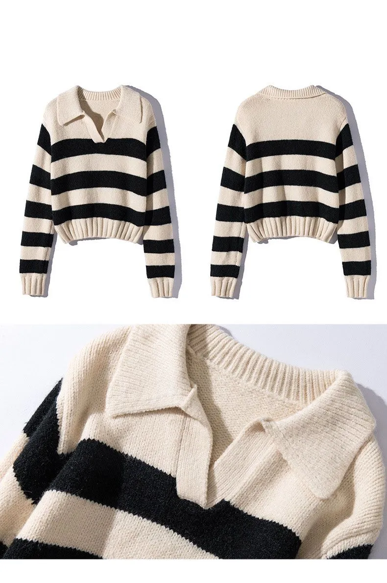 Relaxed Boxy Fit Striped Collared Polo Shirt V-Neck Knit Cotton Jumper Sweater