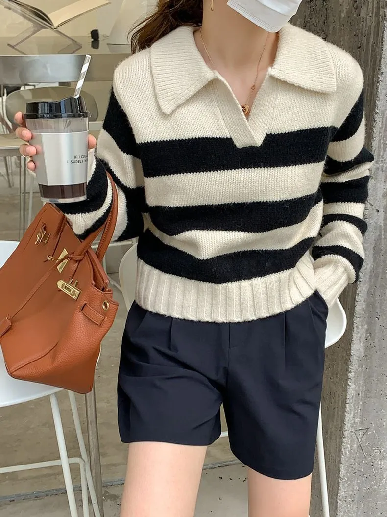 Relaxed Boxy Fit Striped Collared Polo Shirt V-Neck Knit Cotton Jumper Sweater