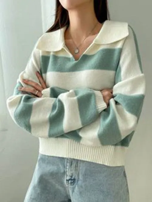 Relaxed Boxy Fit Striped Collared Polo Shirt V-Neck Knit Cotton Jumper Sweater