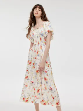 Rose Printed Gathered Waist Women Maxi Dress