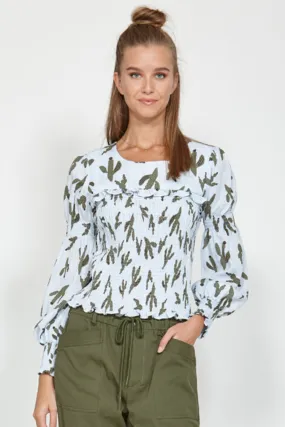 Sense Light Blue Cactus Print Shirred LS Top