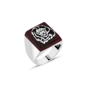 Square Red Agate Stone Silver Men's Ring with Lion Symbol