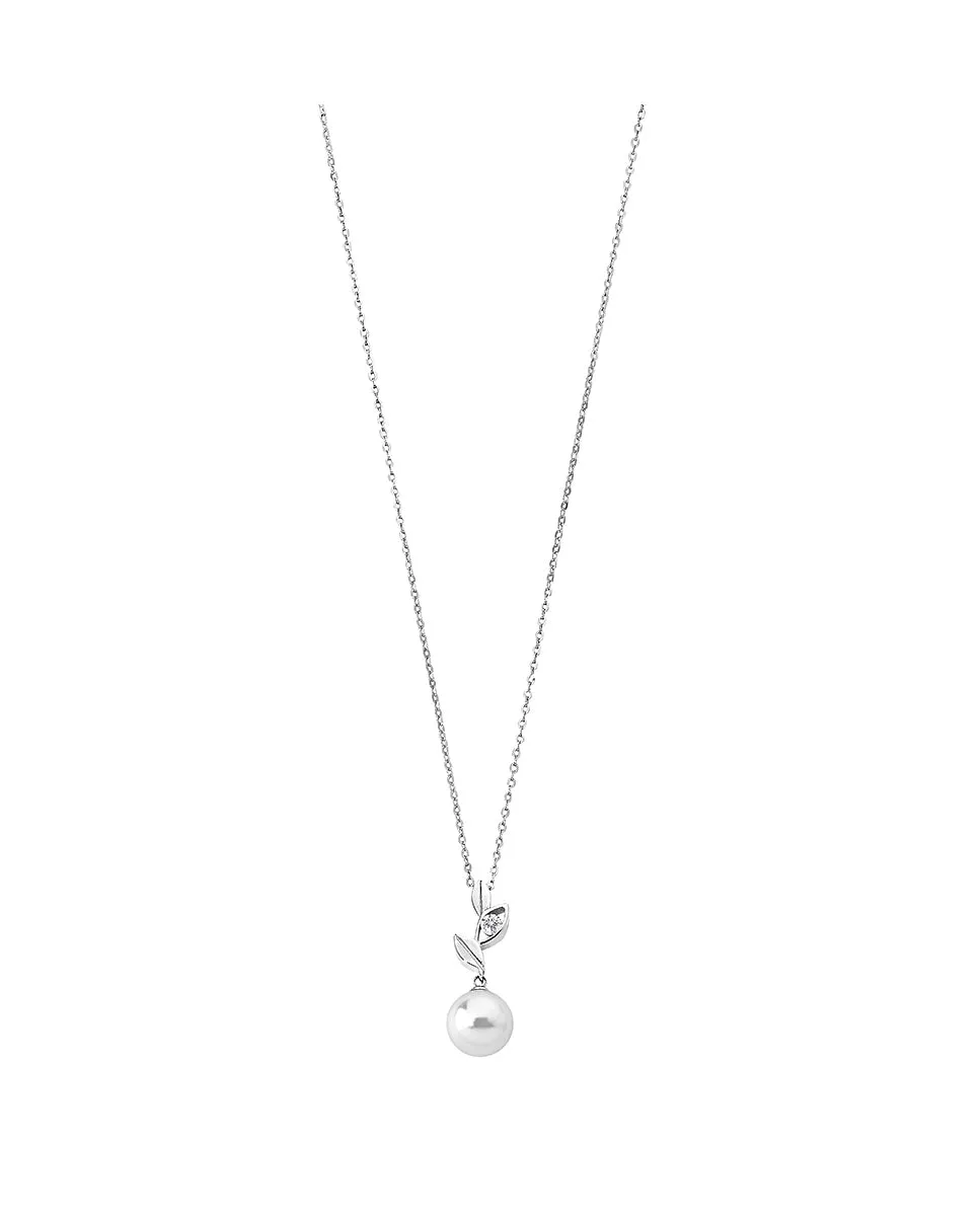 Sterling Silver Rhodium Plated Pendant Necklace for Women with White Round Pearl and Zirconia, 10mm Round Pearl, 18.9 Chain Length, Selene   Collection