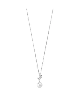 Sterling Silver Rhodium Plated Pendant Necklace for Women with White Round Pearl and Zirconia, 10mm Round Pearl, 18.9 Chain Length, Selene   Collection