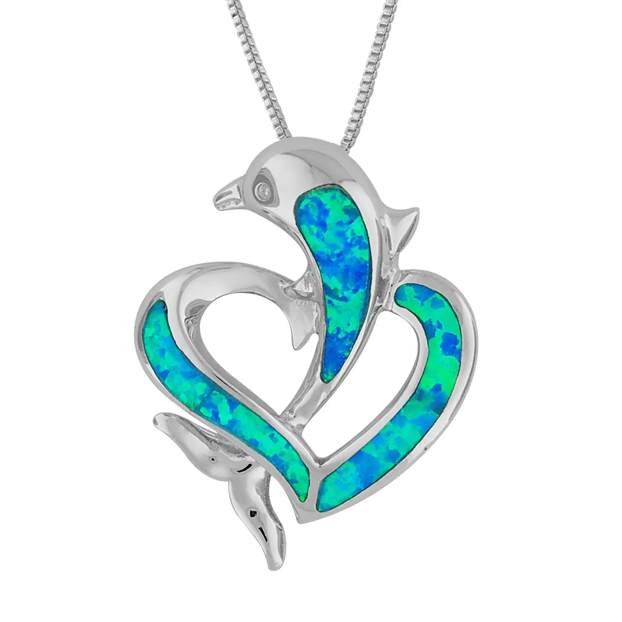 Sterling Silver Synthetic Blue Opal Open Heart Dolphin Pendant Necklace, 18"