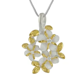 Sterling Silver with Yellow Gold Plated Accents 3 Plumeria Maile Round Pendant Necklace, 16 2"Chain