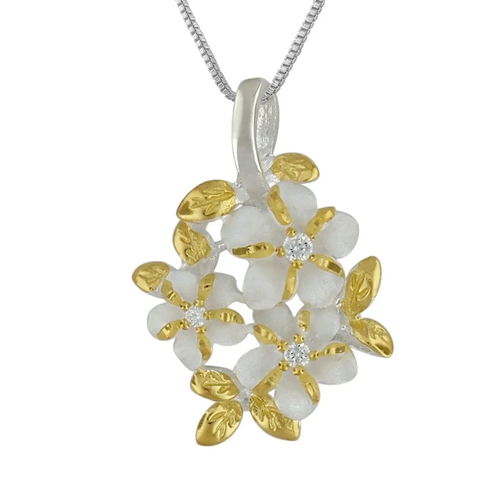 Sterling Silver with Yellow Gold Plated Accents 3 Plumeria Maile Round Pendant Necklace, 16 2"Chain