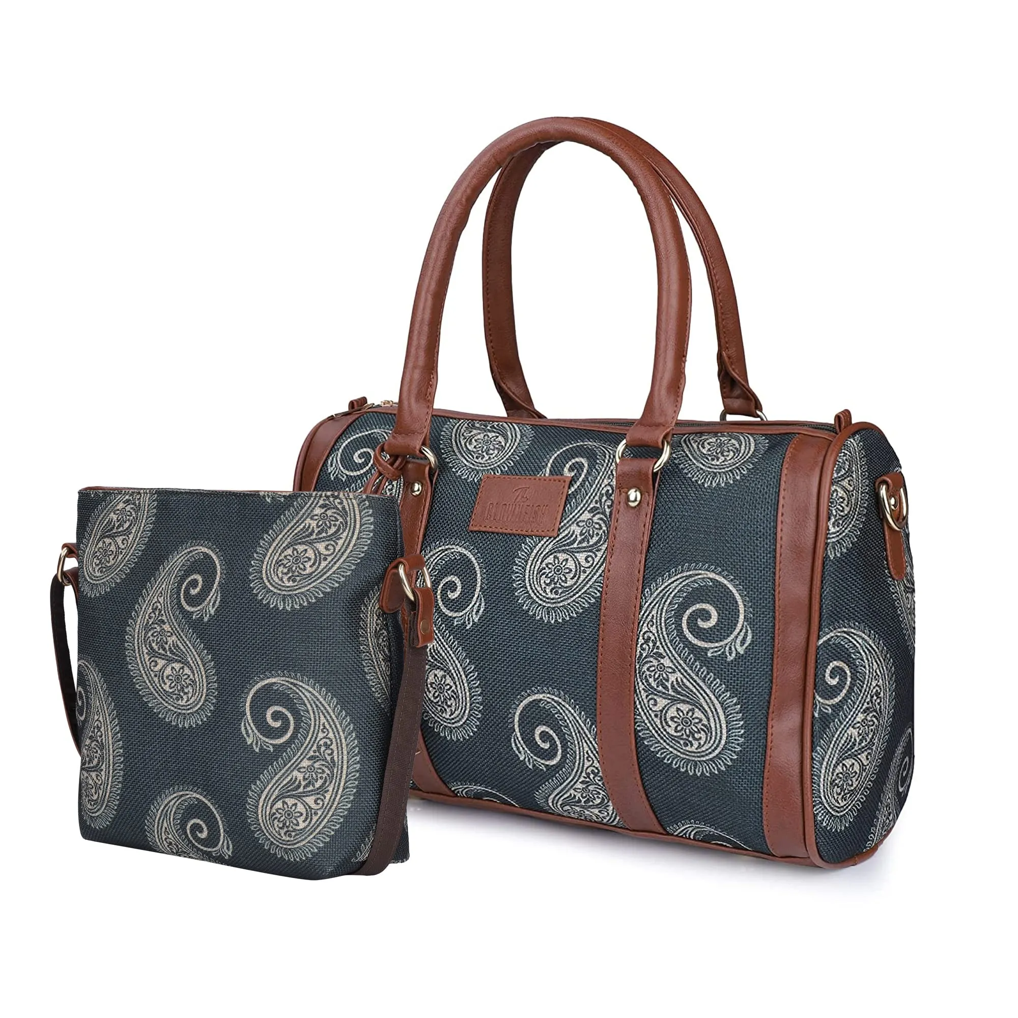 The Clownfish Combo of Lorna Printed Handicraft Fabric Handbag and Aahna Polyester Crossbody Sling bag for Women (Ash Grey)