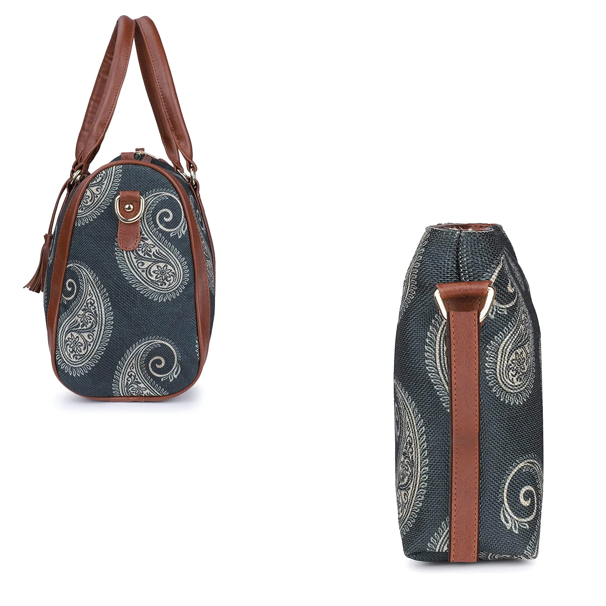 The Clownfish Combo of Lorna Printed Handicraft Fabric Handbag and Aahna Polyester Crossbody Sling bag for Women (Ash Grey)