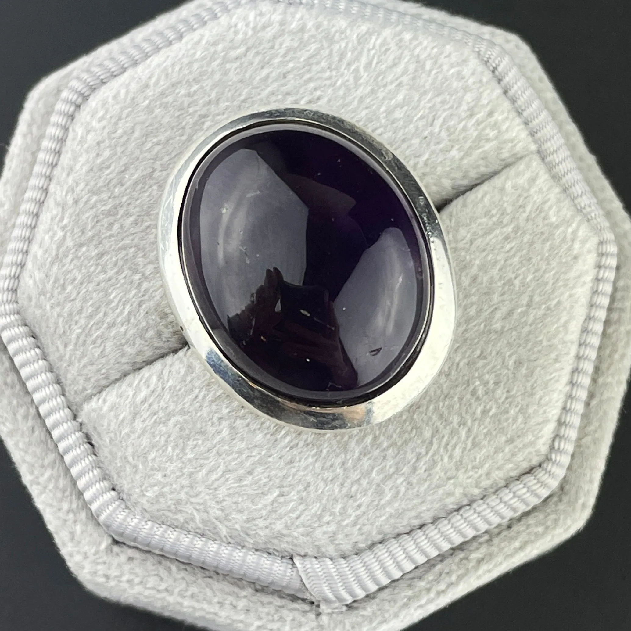 Vintage Amethyst Cabochon Silver Statement Ring, Sz 6 3/4