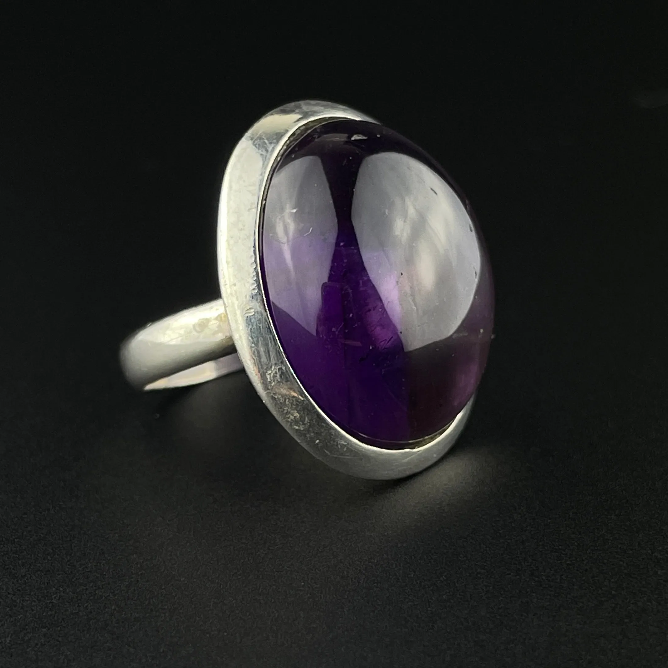 Vintage Amethyst Cabochon Silver Statement Ring, Sz 6 3/4