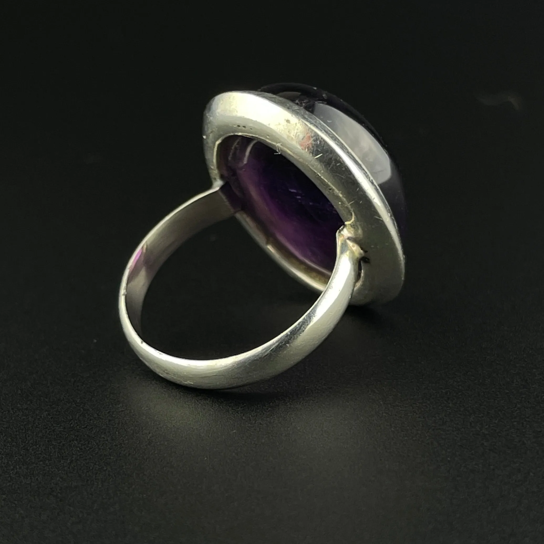 Vintage Amethyst Cabochon Silver Statement Ring, Sz 6 3/4