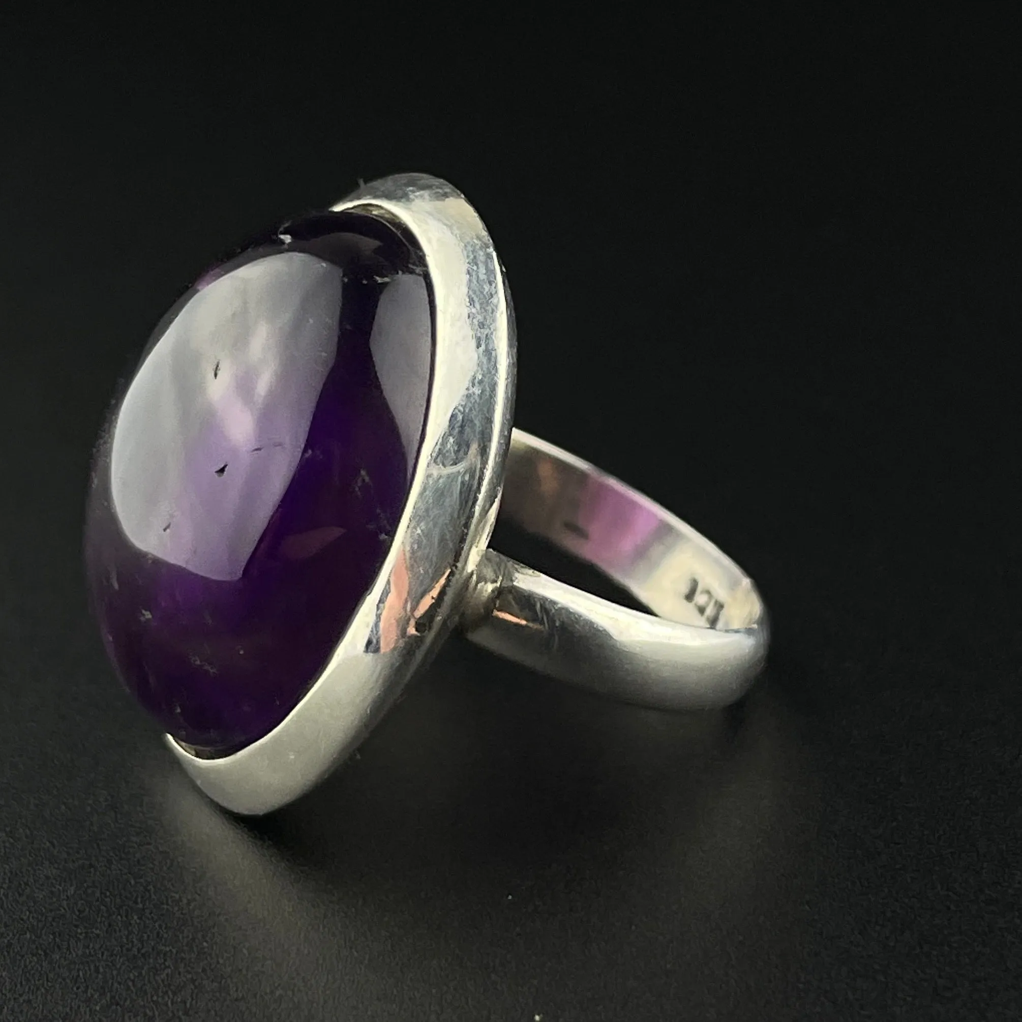 Vintage Amethyst Cabochon Silver Statement Ring, Sz 6 3/4