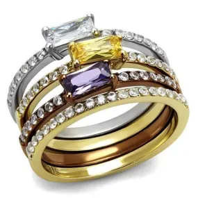 WildKlass Stainless Steel Ring Three Tone IP（IP Gold & IP Light Coffee & High Polished Women AAA Grade CZ Multi Color