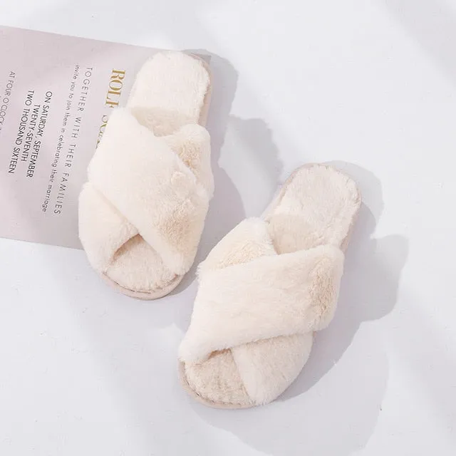 Winter Women House Slippers Faux Fur Fashion Warm Shoes Woman Slip on Flats Female Slides Black Pink cozy home  furry slippers