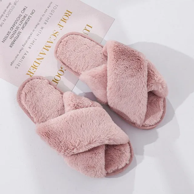 Winter Women House Slippers Faux Fur Fashion Warm Shoes Woman Slip on Flats Female Slides Black Pink cozy home  furry slippers